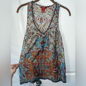Sundance 35% Silk Paisley Designed Boho Scoop Neck Buttoned Tank Top Size Large